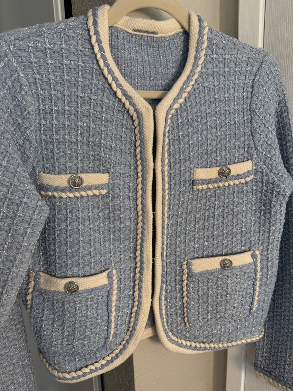 ELIE TAHARI Light Blue Tweed Braided Trim Jacket- Silver Buttons